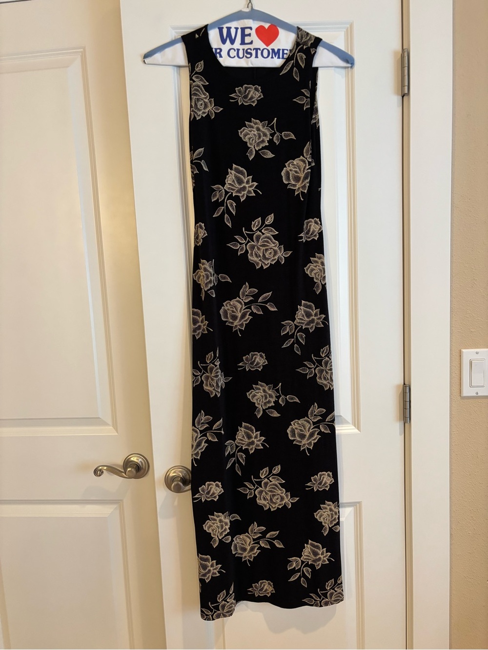 Vintage EUC Black Maxi Dress with Cream Rose Print S